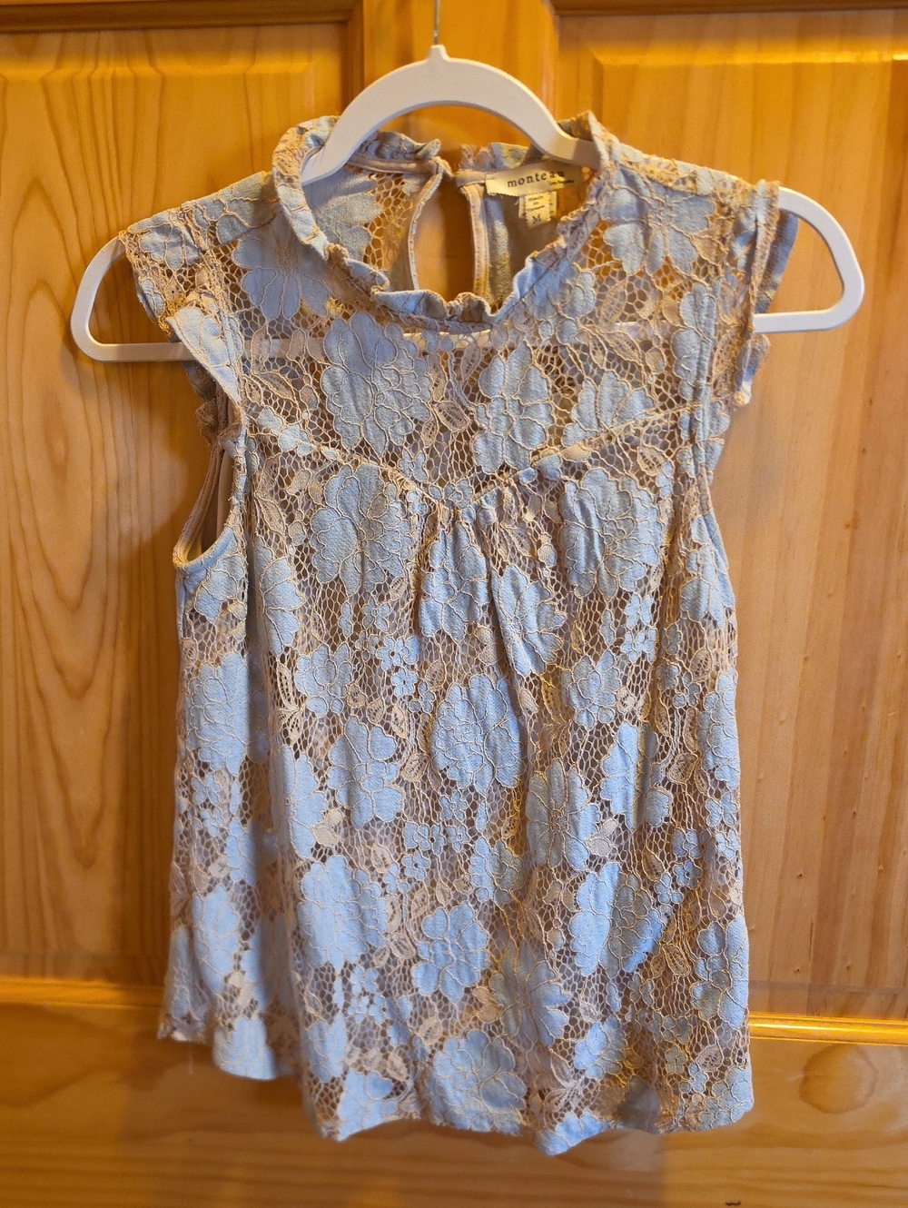 Monteau Powder Blue Floral Lace Mock-Neck Camisole Top